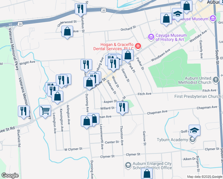 map of restaurants, bars, coffee shops, grocery stores, and more near 19 Delevan Street in Auburn