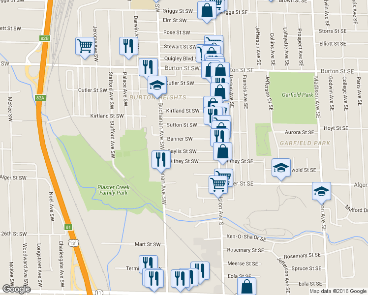map of restaurants, bars, coffee shops, grocery stores, and more near 77 Baylis Street Southwest in Grand Rapids