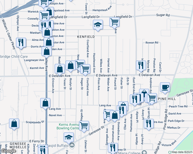 map of restaurants, bars, coffee shops, grocery stores, and more near 1389 East Delavan Avenue in Buffalo