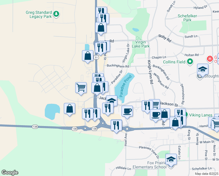 map of restaurants, bars, coffee shops, grocery stores, and more near 524 Nygaard Street in Stoughton