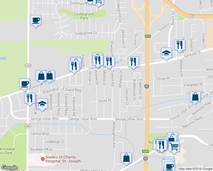 map of restaurants, bars, coffee shops, grocery stores, and more near 127 Mildred Drive in Buffalo