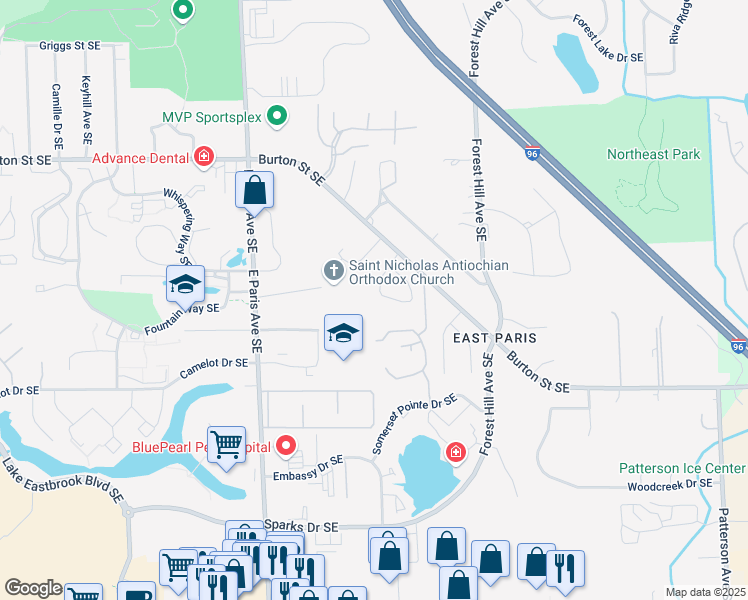 map of restaurants, bars, coffee shops, grocery stores, and more near 2241 West Greenstone Drive in Grand Rapids