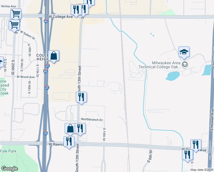 map of restaurants, bars, coffee shops, grocery stores, and more near 1100 West Anderson Road in Oak Creek