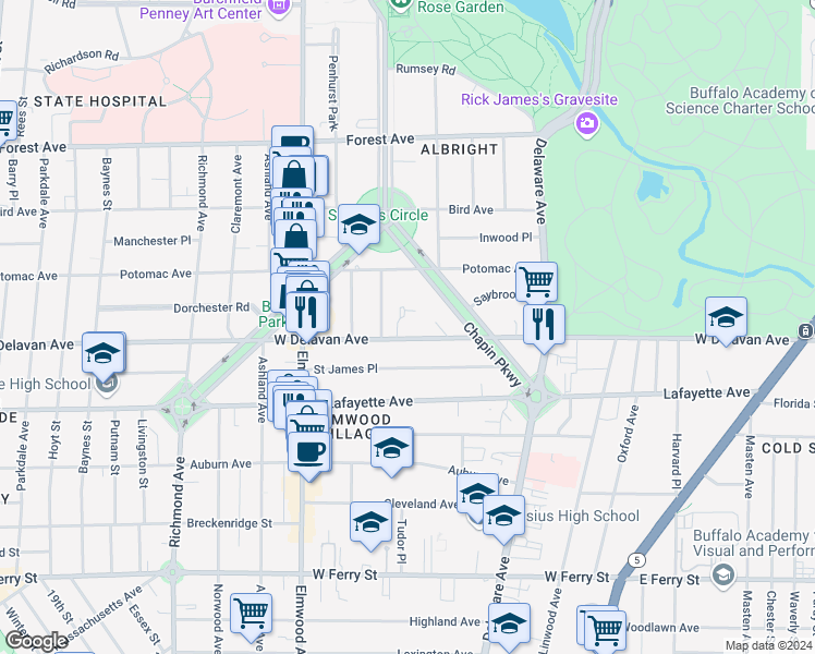 map of restaurants, bars, coffee shops, grocery stores, and more near 722 West Delavan Avenue in Buffalo