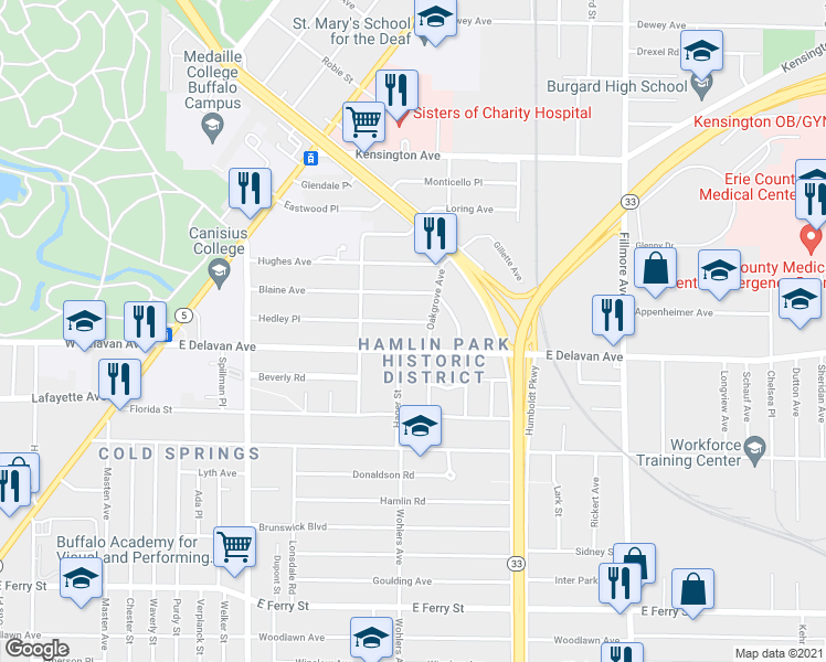 map of restaurants, bars, coffee shops, grocery stores, and more near 169 Hedley Place in Buffalo