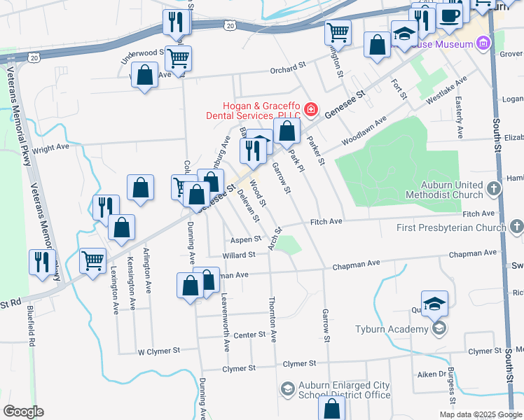 map of restaurants, bars, coffee shops, grocery stores, and more near 37 Wood Street in Auburn