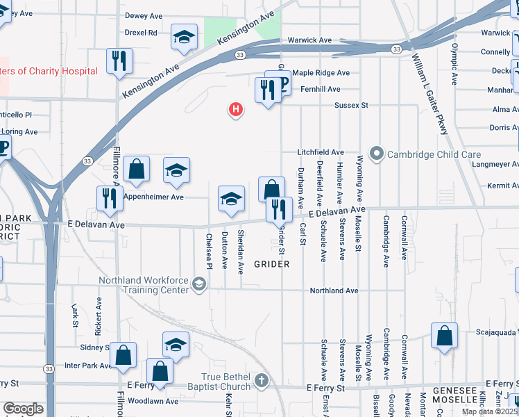 map of restaurants, bars, coffee shops, grocery stores, and more near 15 Amsterdam Avenue in Buffalo