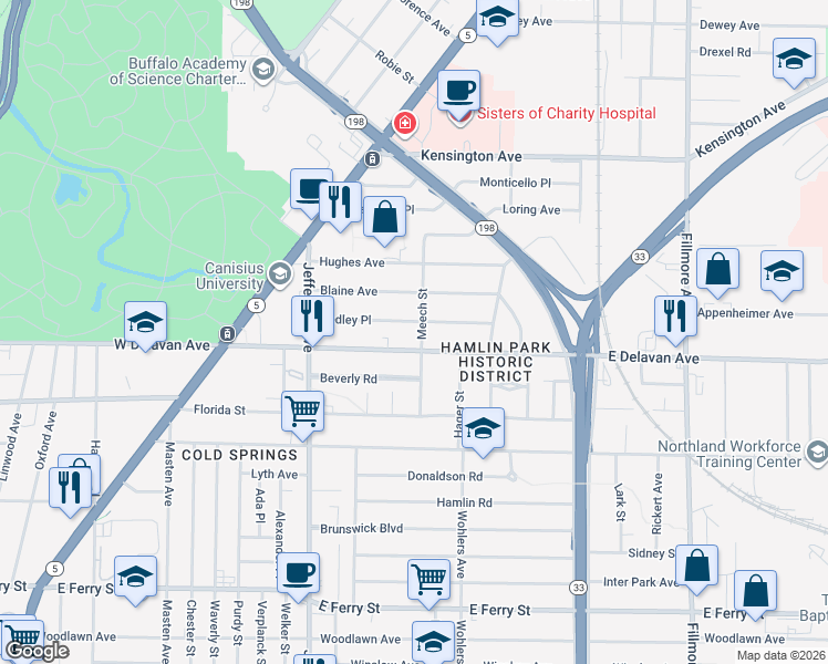 map of restaurants, bars, coffee shops, grocery stores, and more near 180 East Delavan Avenue in Buffalo