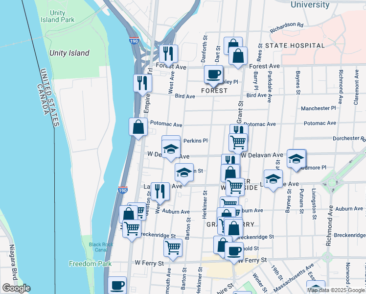 map of restaurants, bars, coffee shops, grocery stores, and more near 202 Dewitt Street in Buffalo