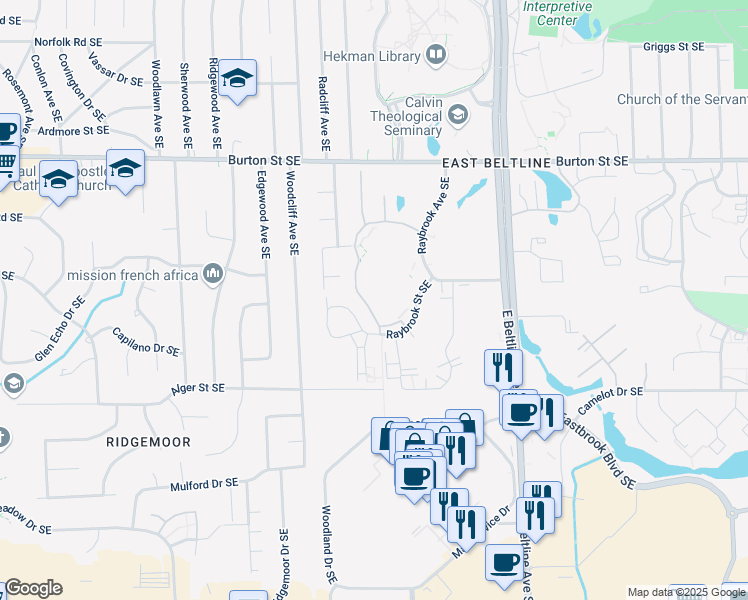 map of restaurants, bars, coffee shops, grocery stores, and more near 2251 Raybrook Street Southeast in Grand Rapids