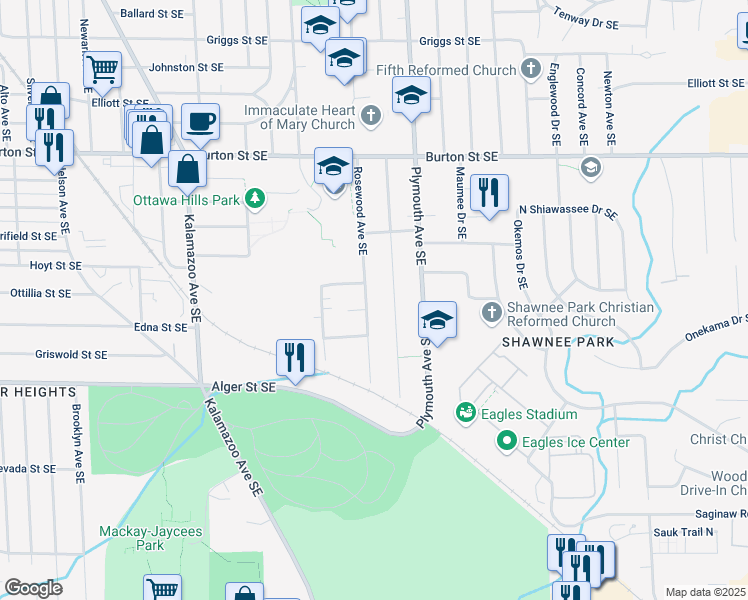 map of restaurants, bars, coffee shops, grocery stores, and more near 2242 Rosewood Avenue Southeast in Grand Rapids