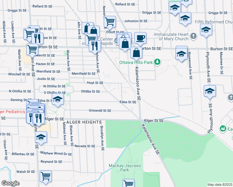 map of restaurants, bars, coffee shops, grocery stores, and more near 2254 Nelson Avenue Southeast in Grand Rapids