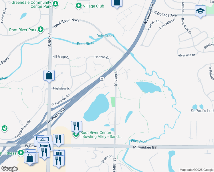 map of restaurants, bars, coffee shops, grocery stores, and more near 6771 South 68th Street in Franklin