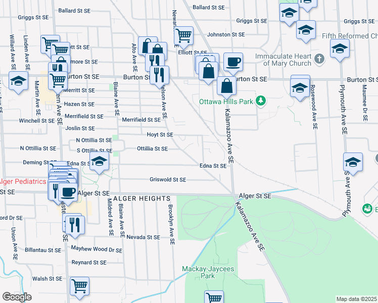 map of restaurants, bars, coffee shops, grocery stores, and more near 2244 Nelson Avenue Southeast in Grand Rapids