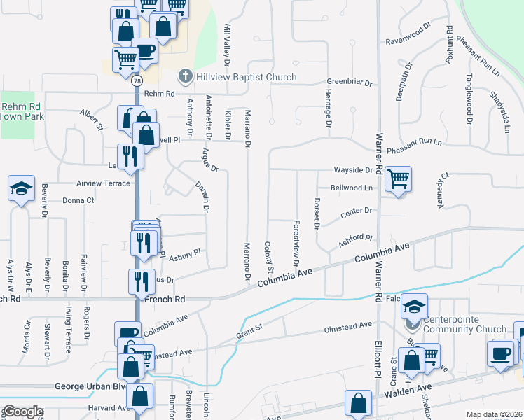 map of restaurants, bars, coffee shops, grocery stores, and more near 99 Marrano Drive in Depew