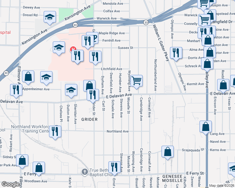 map of restaurants, bars, coffee shops, grocery stores, and more near 838 East Delavan Avenue in Buffalo