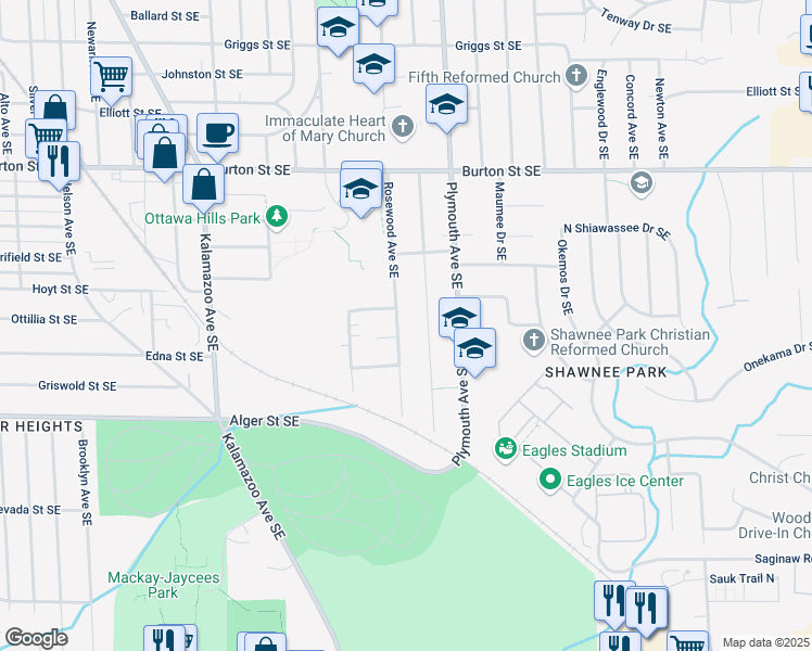 map of restaurants, bars, coffee shops, grocery stores, and more near 2242 Rosewood Avenue Southeast in Grand Rapids