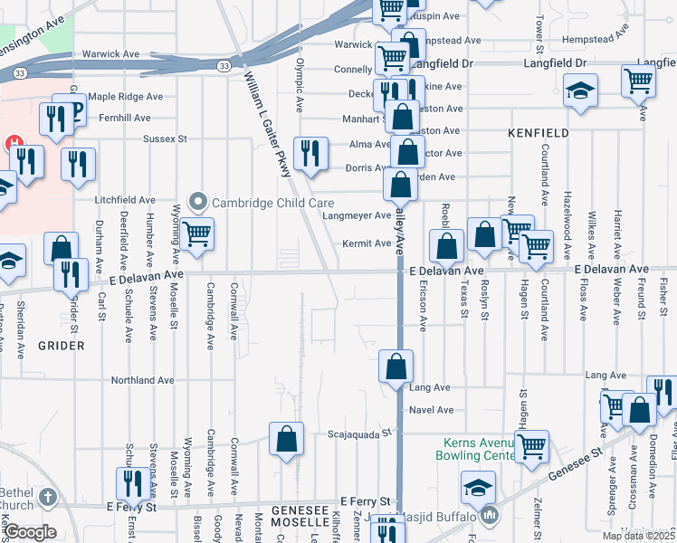 map of restaurants, bars, coffee shops, grocery stores, and more near East Delavan Avenue & Olympic Avenue in Buffalo