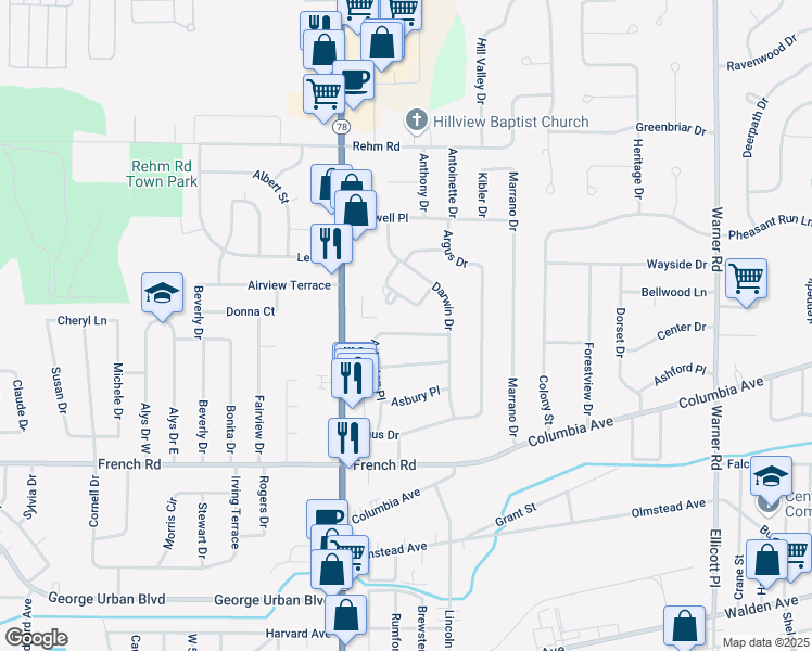 map of restaurants, bars, coffee shops, grocery stores, and more near 136 Arlington Place in Depew