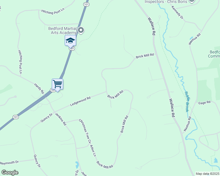 map of restaurants, bars, coffee shops, grocery stores, and more near 62 Brick Mill Road in Bedford