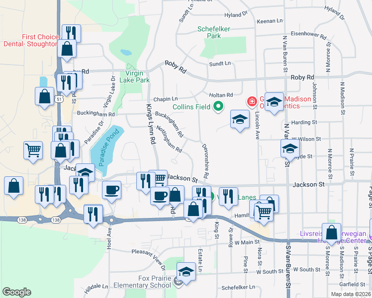 map of restaurants, bars, coffee shops, grocery stores, and more near 453 Nottingham Road in Stoughton