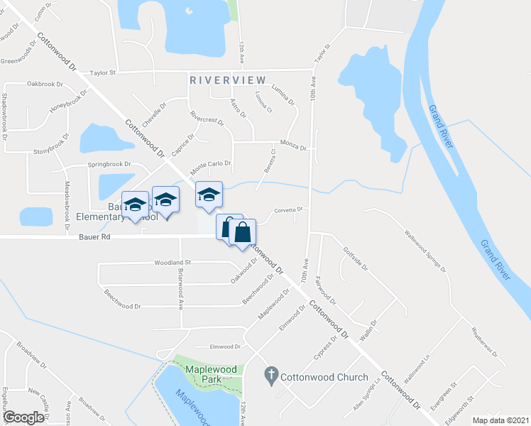 map of restaurants, bars, coffee shops, grocery stores, and more near 1099 Corvette Drive in Georgetown Township