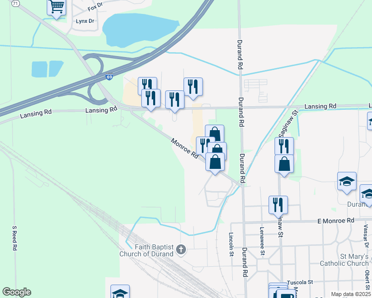 map of restaurants, bars, coffee shops, grocery stores, and more near 8701 Monroe Road in Durand