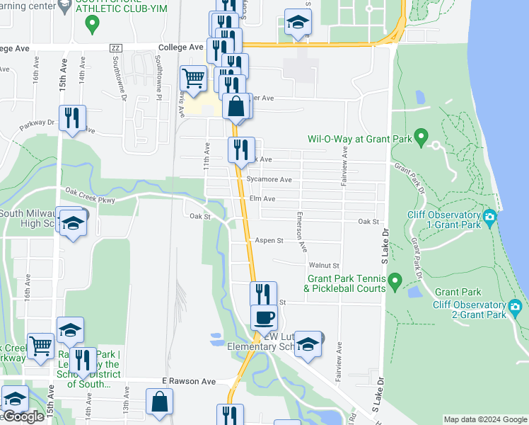 map of restaurants, bars, coffee shops, grocery stores, and more near 711 Kirkwood Avenue in South Milwaukee