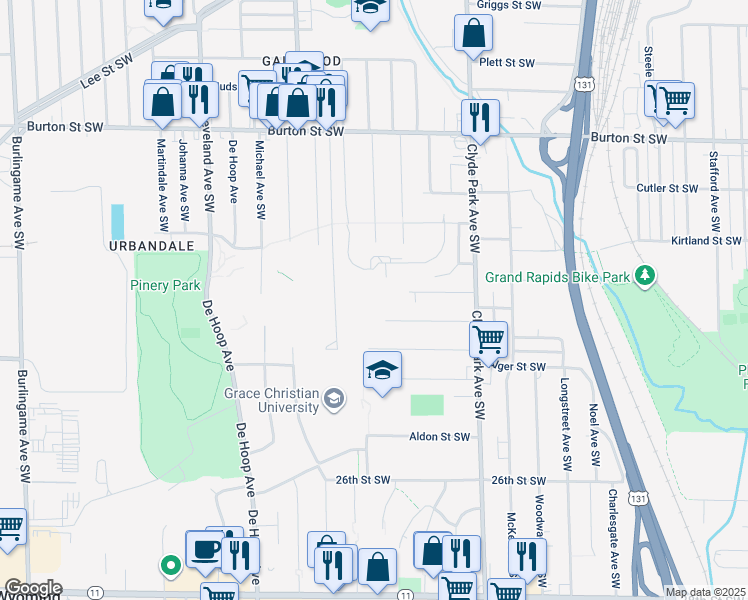 map of restaurants, bars, coffee shops, grocery stores, and more near 966 Wisconsin St SW in Wyoming