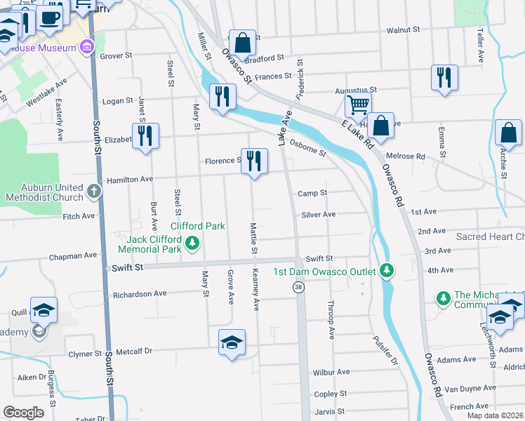 map of restaurants, bars, coffee shops, grocery stores, and more near 1 Mattie Place in Auburn