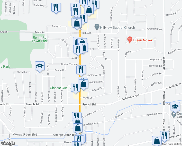 map of restaurants, bars, coffee shops, grocery stores, and more near 136 Arlington Place in Depew