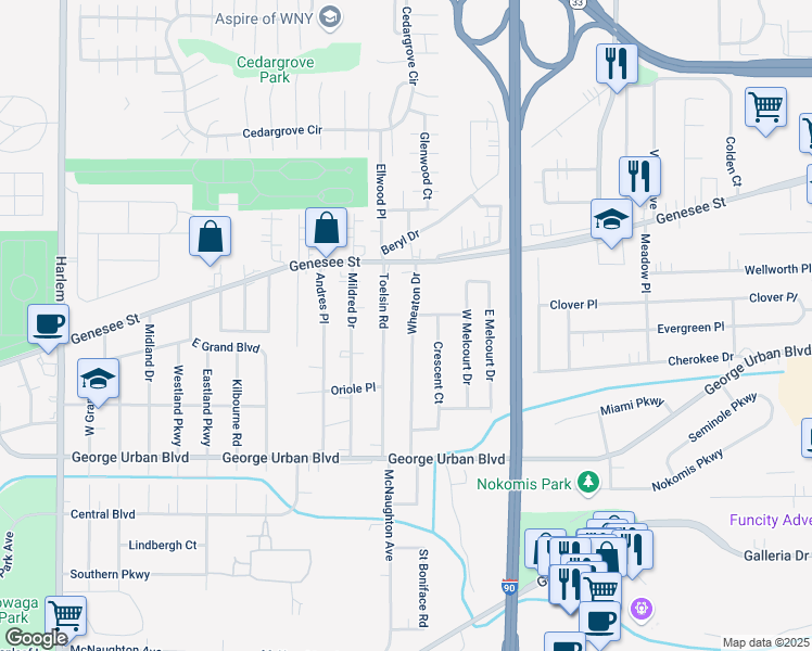 map of restaurants, bars, coffee shops, grocery stores, and more near 129 Toelsin Road in Buffalo