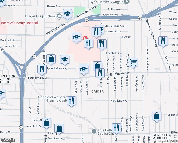 map of restaurants, bars, coffee shops, grocery stores, and more near 15 Amsterdam Avenue in Buffalo
