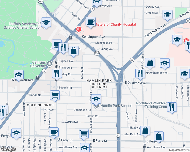 map of restaurants, bars, coffee shops, grocery stores, and more near 169 Hedley Place in Buffalo