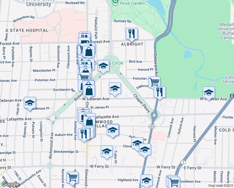 map of restaurants, bars, coffee shops, grocery stores, and more near 716 West Delavan Avenue in Buffalo