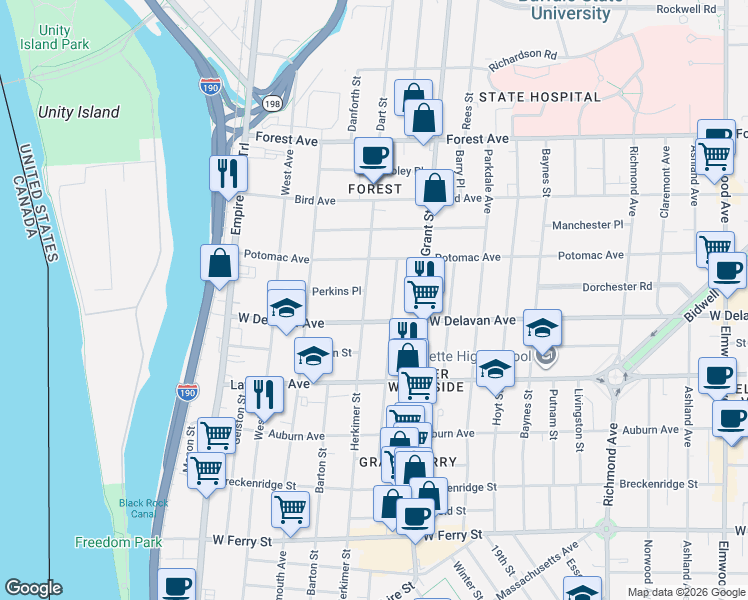 map of restaurants, bars, coffee shops, grocery stores, and more near 357 Herkimer Street in Buffalo