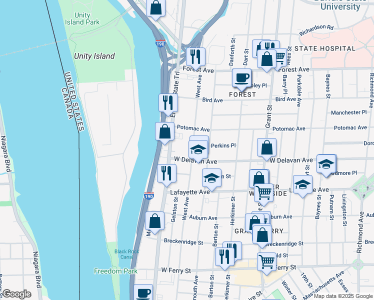 map of restaurants, bars, coffee shops, grocery stores, and more near 66 West Delavan Avenue in Buffalo