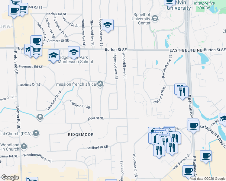 map of restaurants, bars, coffee shops, grocery stores, and more near 2230 Edgewood Avenue Southeast in Grand Rapids