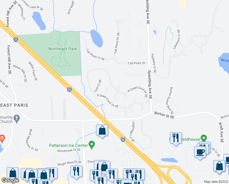map of restaurants, bars, coffee shops, grocery stores, and more near 2255 South Thrush Court Southeast in Grand Rapids