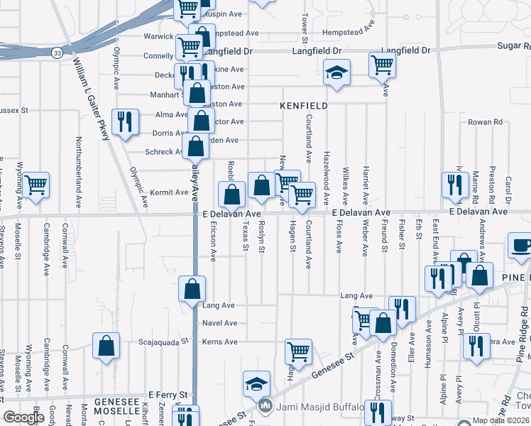 map of restaurants, bars, coffee shops, grocery stores, and more near 300 Roslyn Street in Buffalo