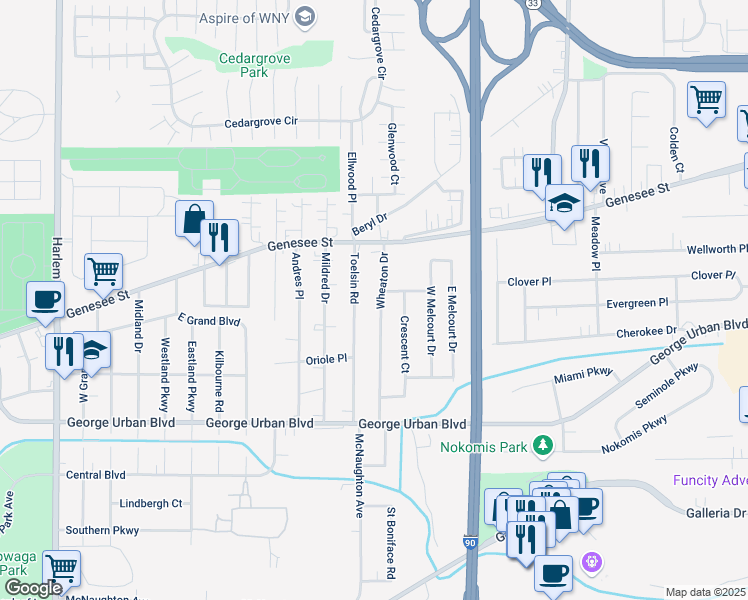 map of restaurants, bars, coffee shops, grocery stores, and more near 129 Toelsin Road in Buffalo