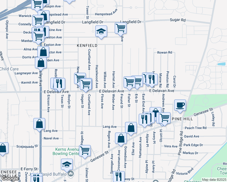 map of restaurants, bars, coffee shops, grocery stores, and more near E Delavan Ave & Weber Ave in Buffalo