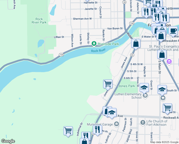 map of restaurants, bars, coffee shops, grocery stores, and more near N2195 Jones Avenue in Fort Atkinson