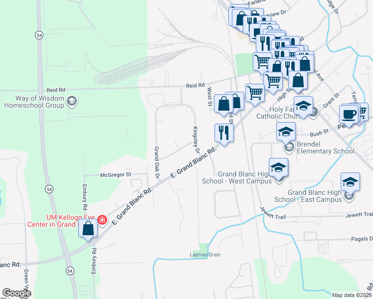 map of restaurants, bars, coffee shops, grocery stores, and more near 719 Huntington Road in Grand Blanc