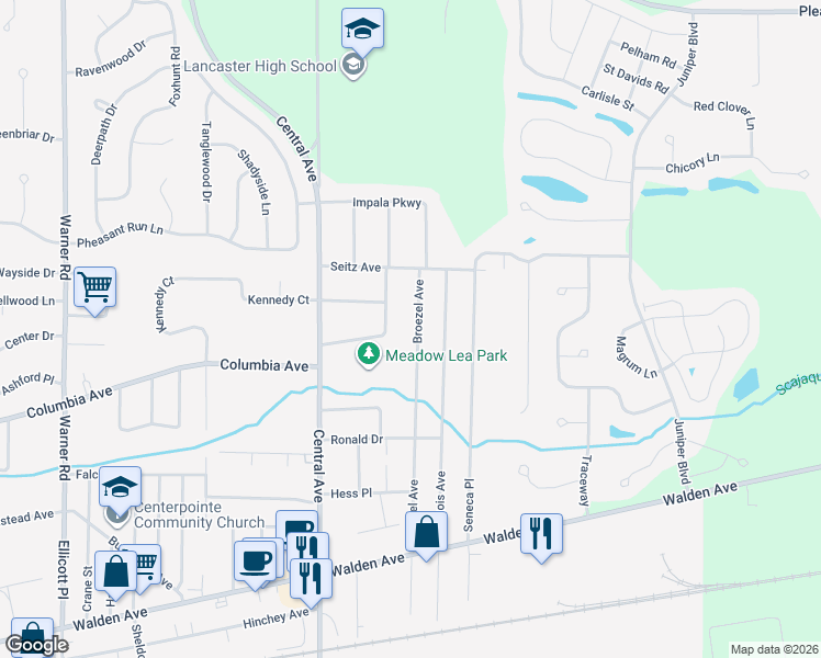 map of restaurants, bars, coffee shops, grocery stores, and more near 33 Meadow Lea Drive in Lancaster