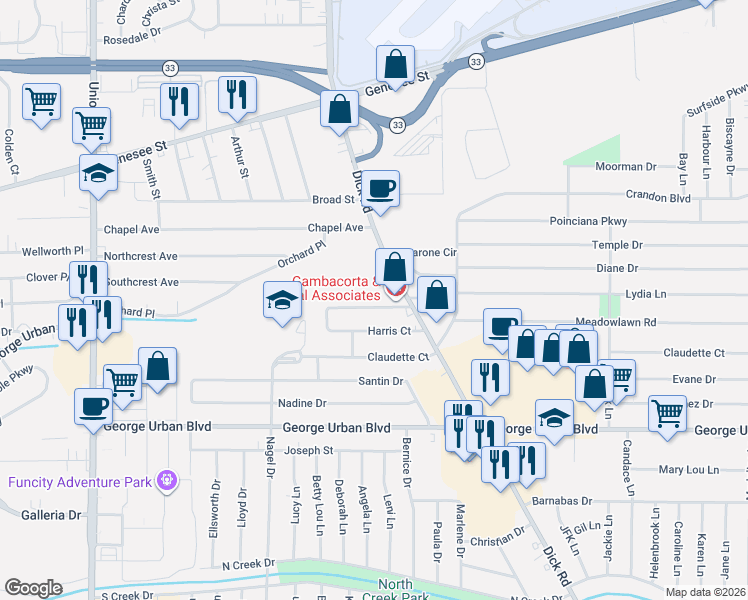 map of restaurants, bars, coffee shops, grocery stores, and more near 152 Harris Court in Buffalo