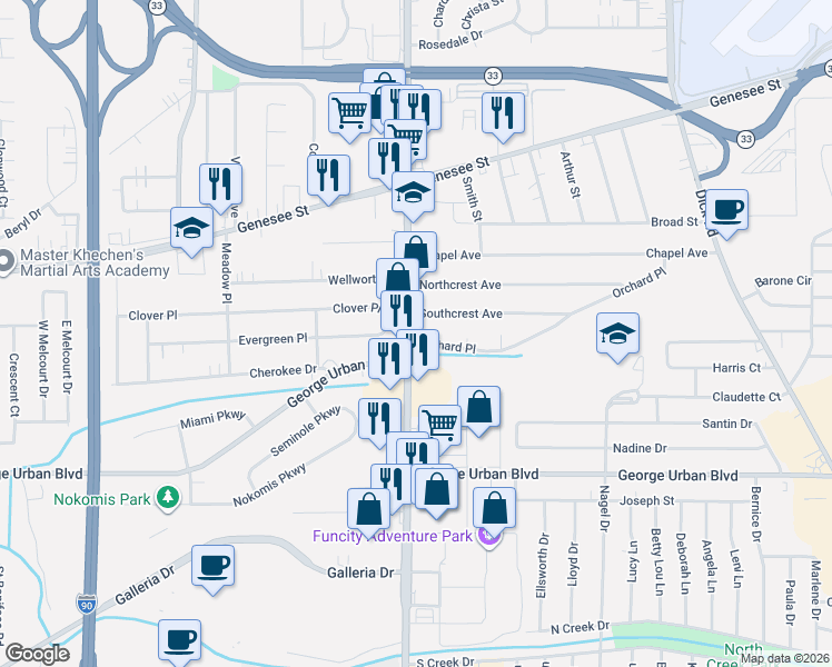 map of restaurants, bars, coffee shops, grocery stores, and more near 3988 Union Road in Buffalo