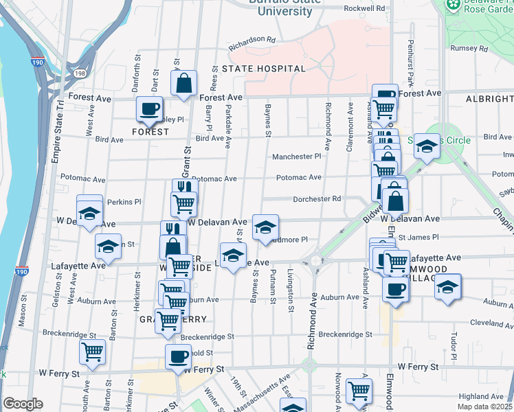 map of restaurants, bars, coffee shops, grocery stores, and more near 268 Baynes Street in Buffalo