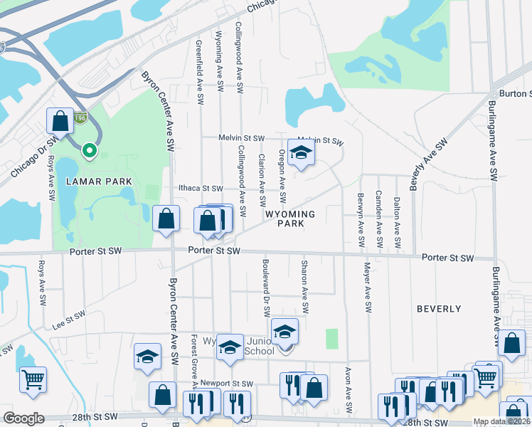 map of restaurants, bars, coffee shops, grocery stores, and more near 2163 Lee Street Southwest in Wyoming