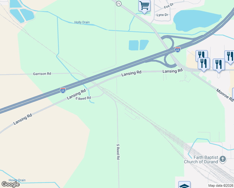 map of restaurants, bars, coffee shops, grocery stores, and more near 7226 South Reed Road in Durand